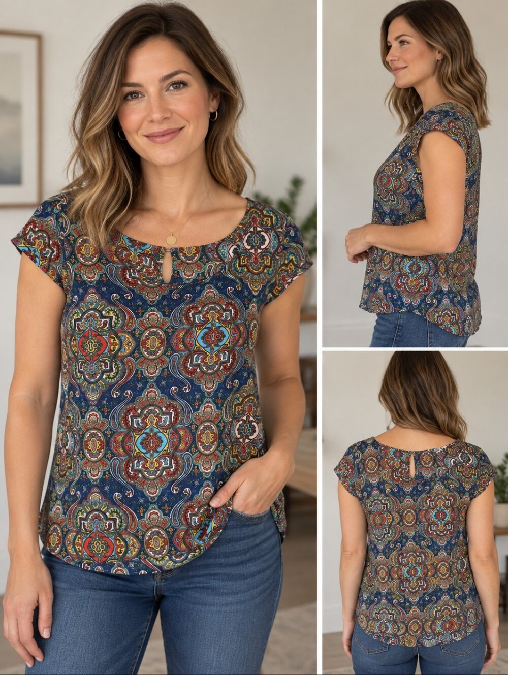 Pink Rose Multicolor Paisley Cap-Sleeve Top